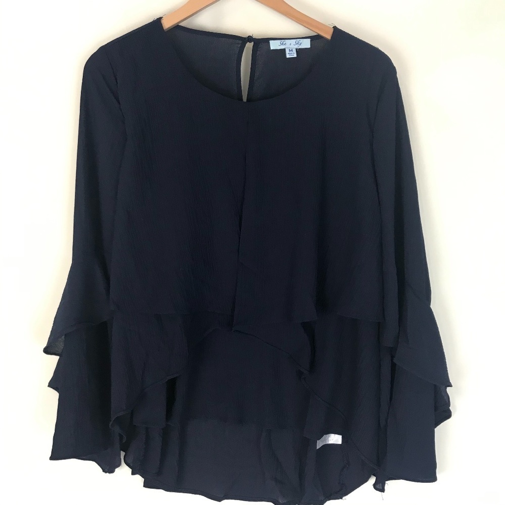 She & Sky Flowy Peasant Blouse Navy M